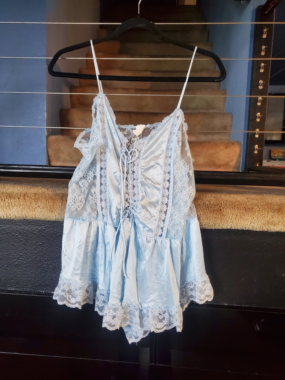 Light Blue Satin Lace-Trim Chemise with Front Lace-Up